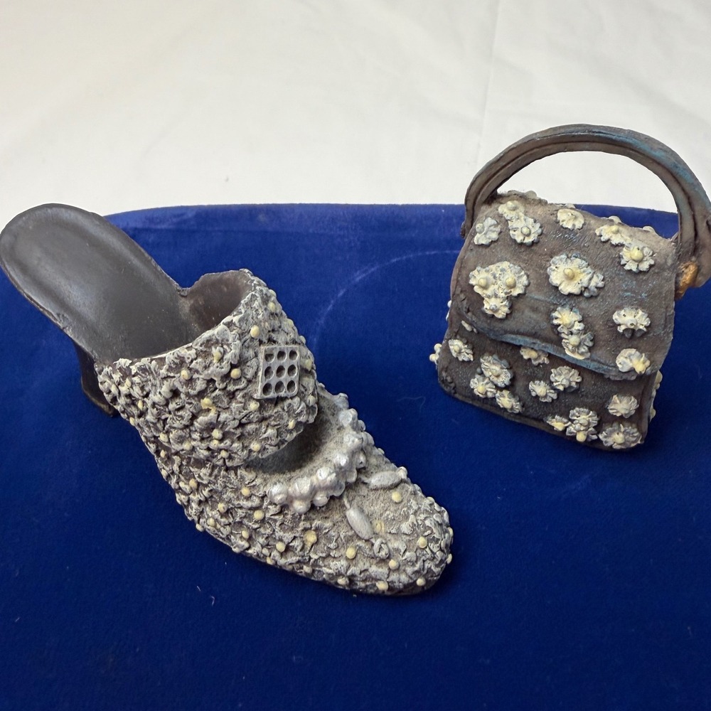 Vintage Style Miniature Shoe and Handbag Figurine Set Floral Textured Decor